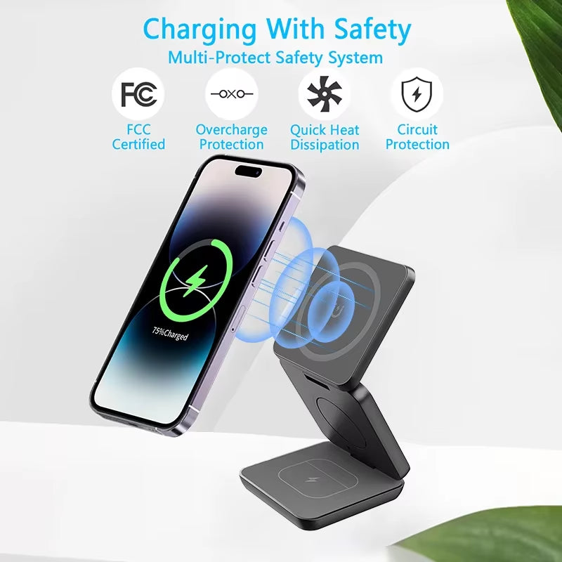 3 in 1 Foldable Magnetic Wireless Charger Stand Macsafe for Iphone 15 14 13 12 Apple Watch 8 7 6 Airpods Fast Charging Station